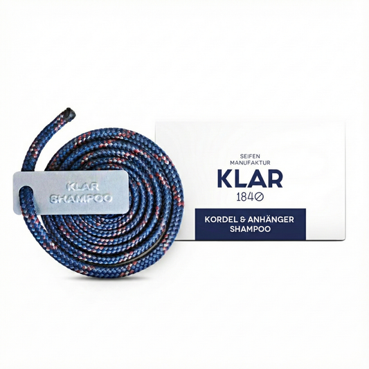 Kordel mit Alu-Anhänger für Shampoo (blau rot weiß)