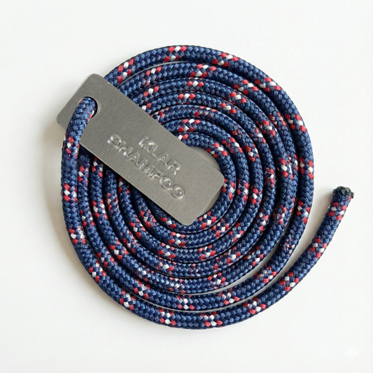 Kordel mit Alu-Anhänger für Shampoo (blau rot weiß)