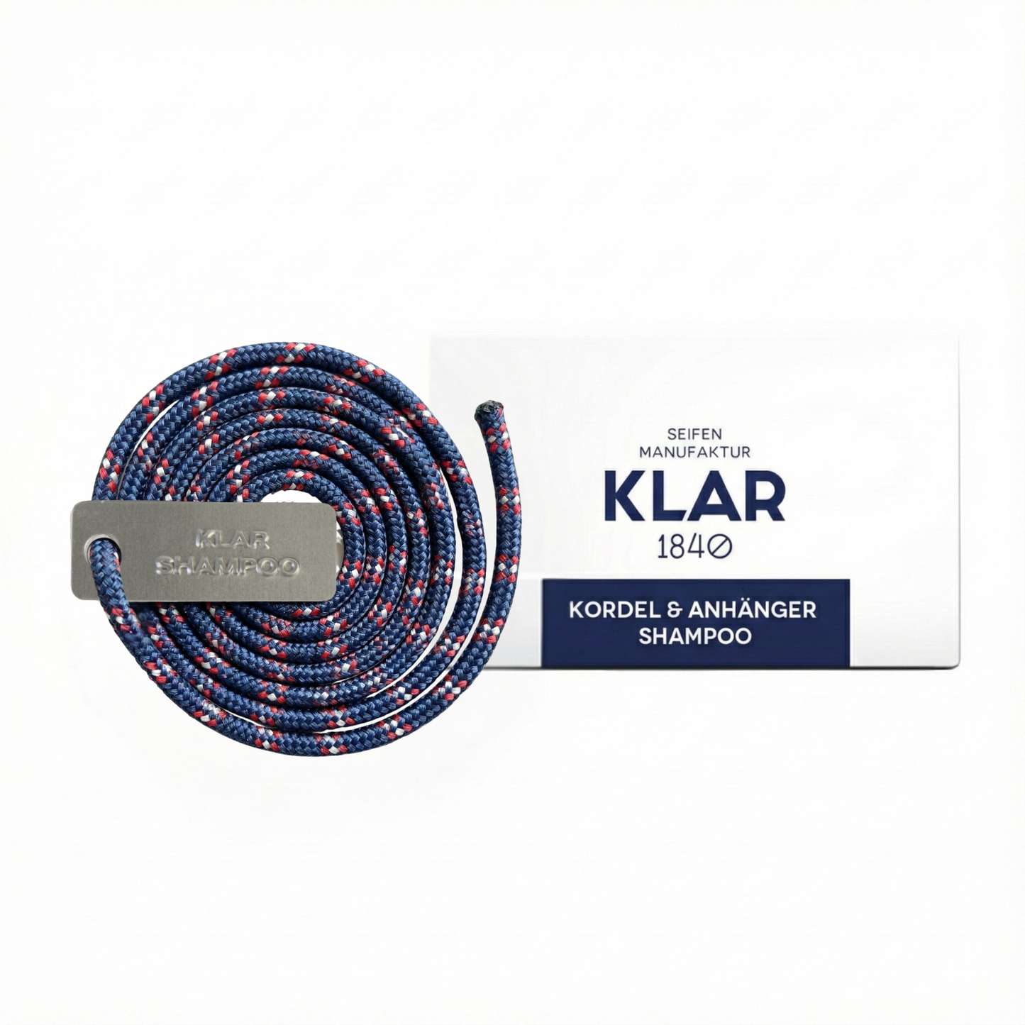 Kordel mit Alu-Anhänger für Shampoo (blau rot weiß)
