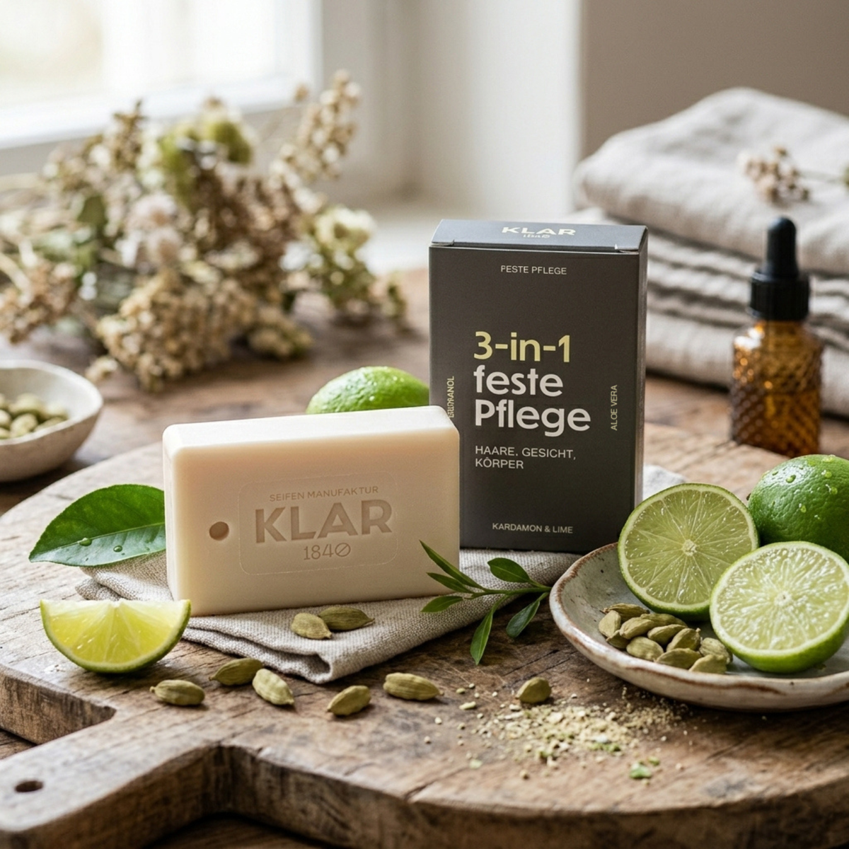KLAR 3-in-1 Feste Pflege Kardamom & Limette, 100 g Stück für Haare, Gesicht und Körper
