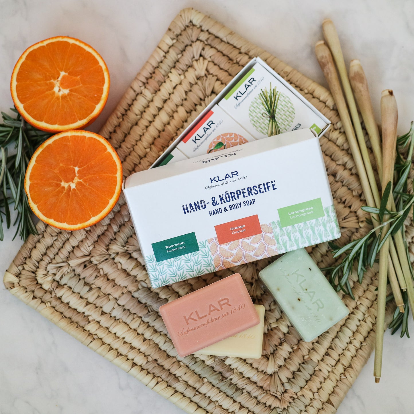 Geschenkset ätherische Seifen (Rosmarin, Orange, Lemongrass), Cosmos zertifiziert, palmölfrei