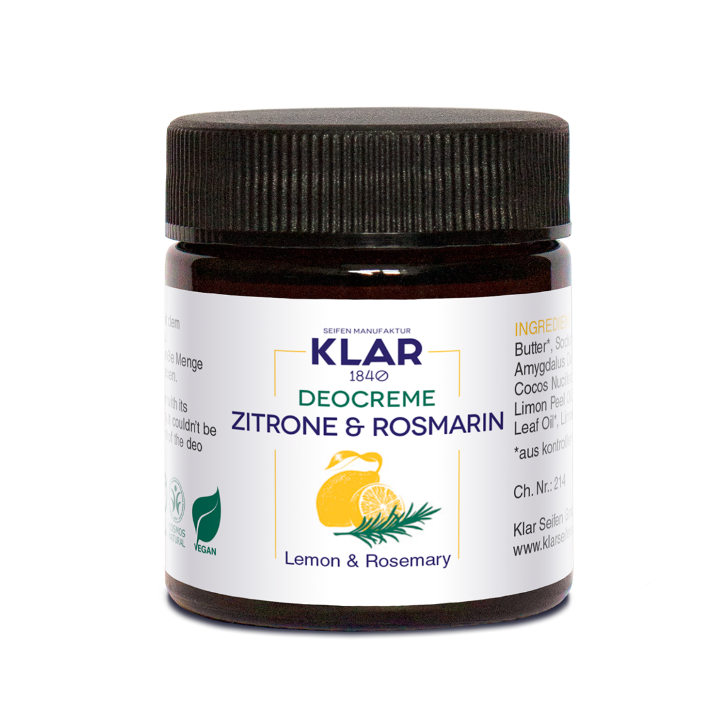 Klar Seifen Deocreme Zitrone & Rosmarin – 30 Ml, Aluminiumfrei, Mit Sheabutter & Natron